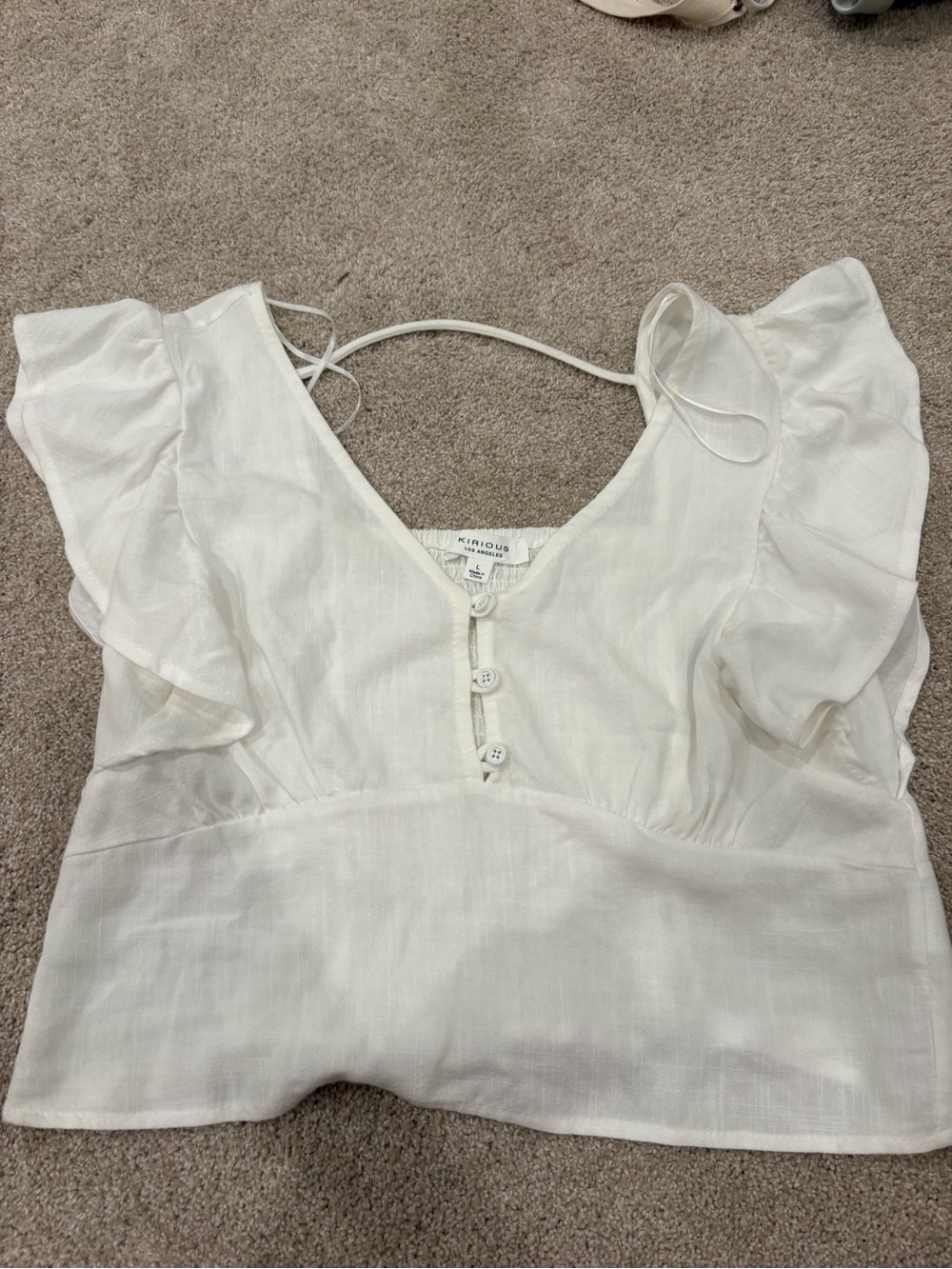 Knitous White Ruffle Sleeve Button-Front Crop Top